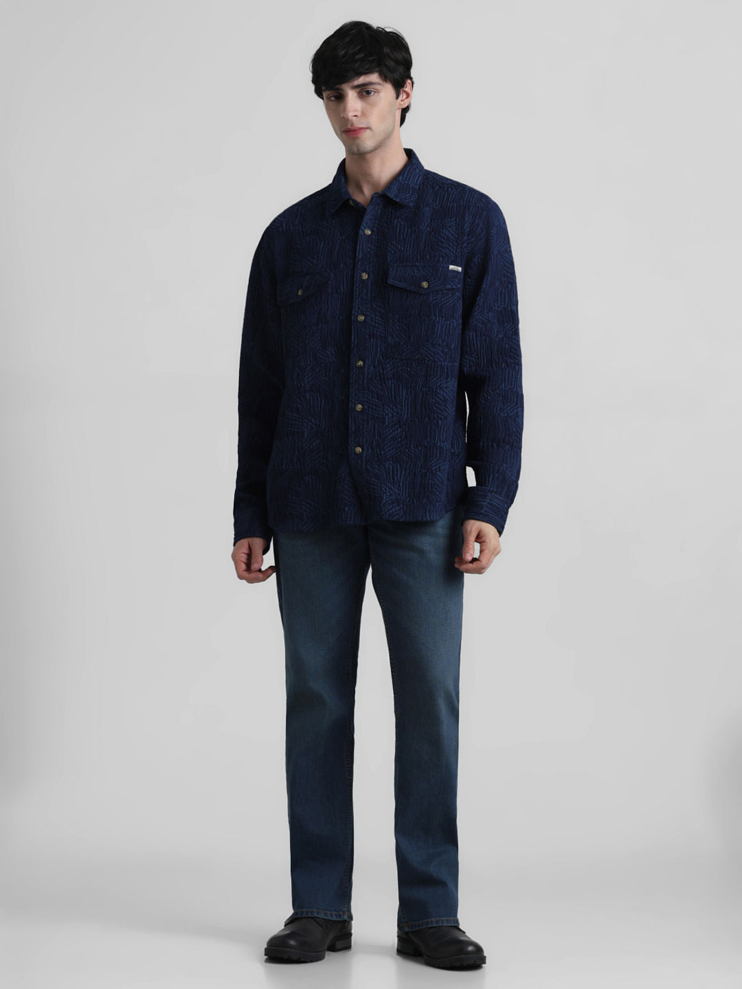 Dark Blue Indigo Dyed Jacquard Oversized Shirt