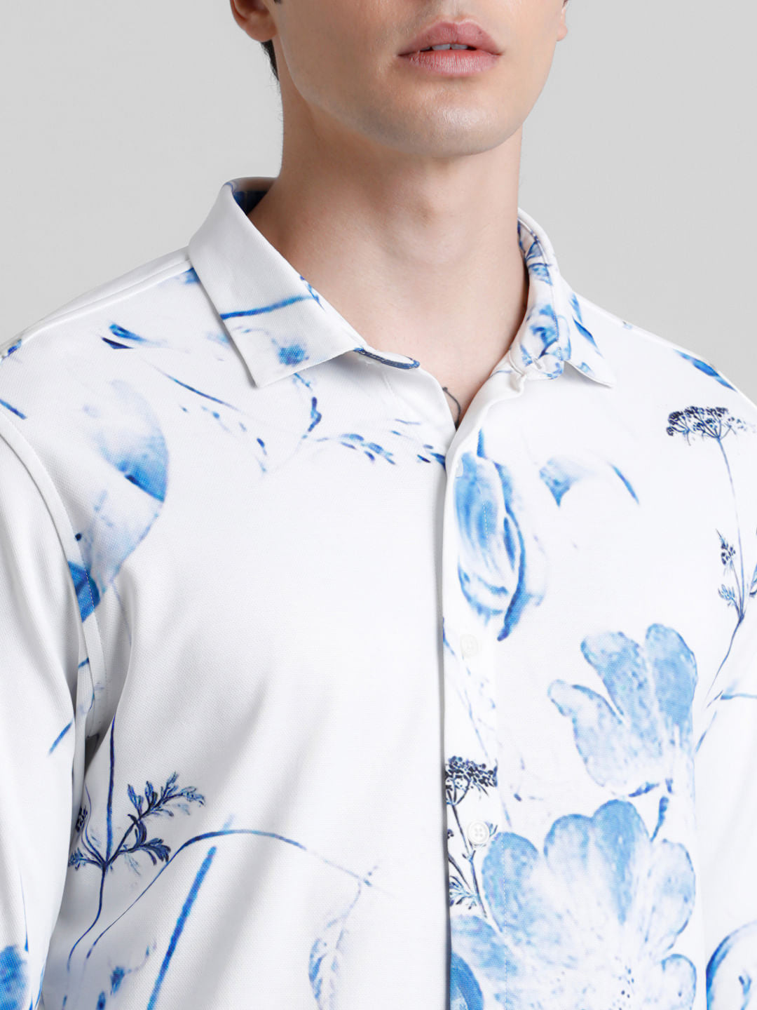 White Floral Print Full Sleeves Shirt