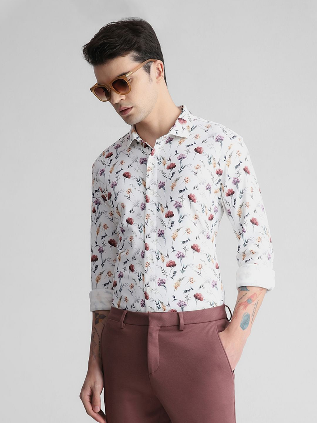 White Floral Full Sleeves Shirt