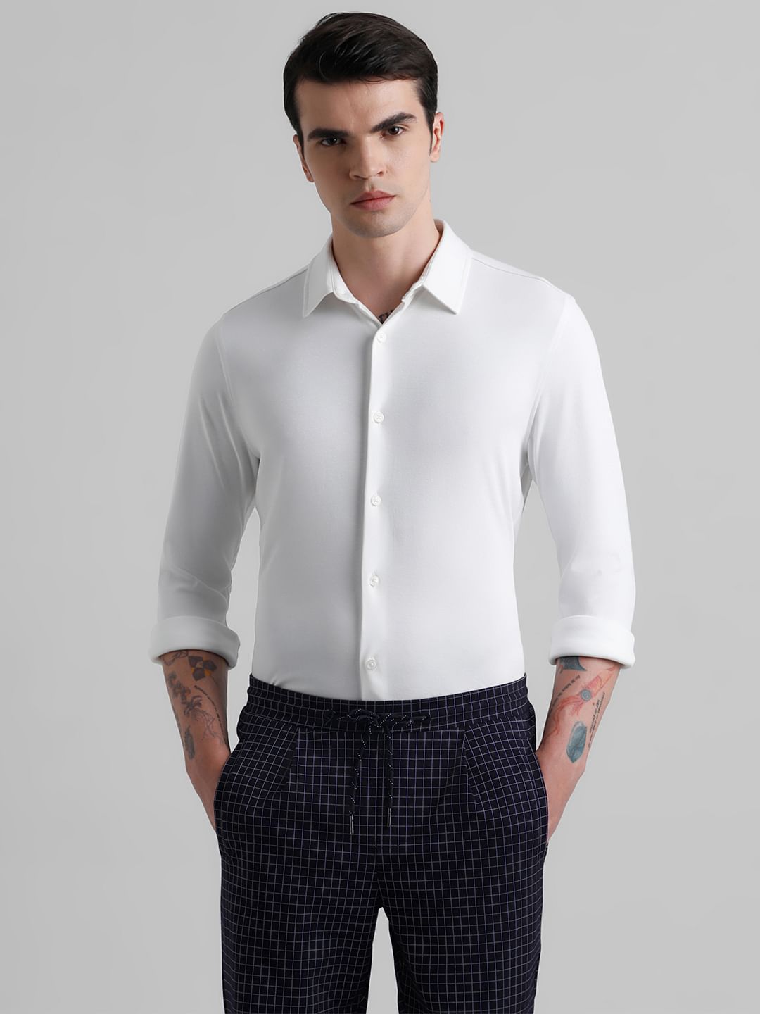 White Knitted Full Sleeves Shirt