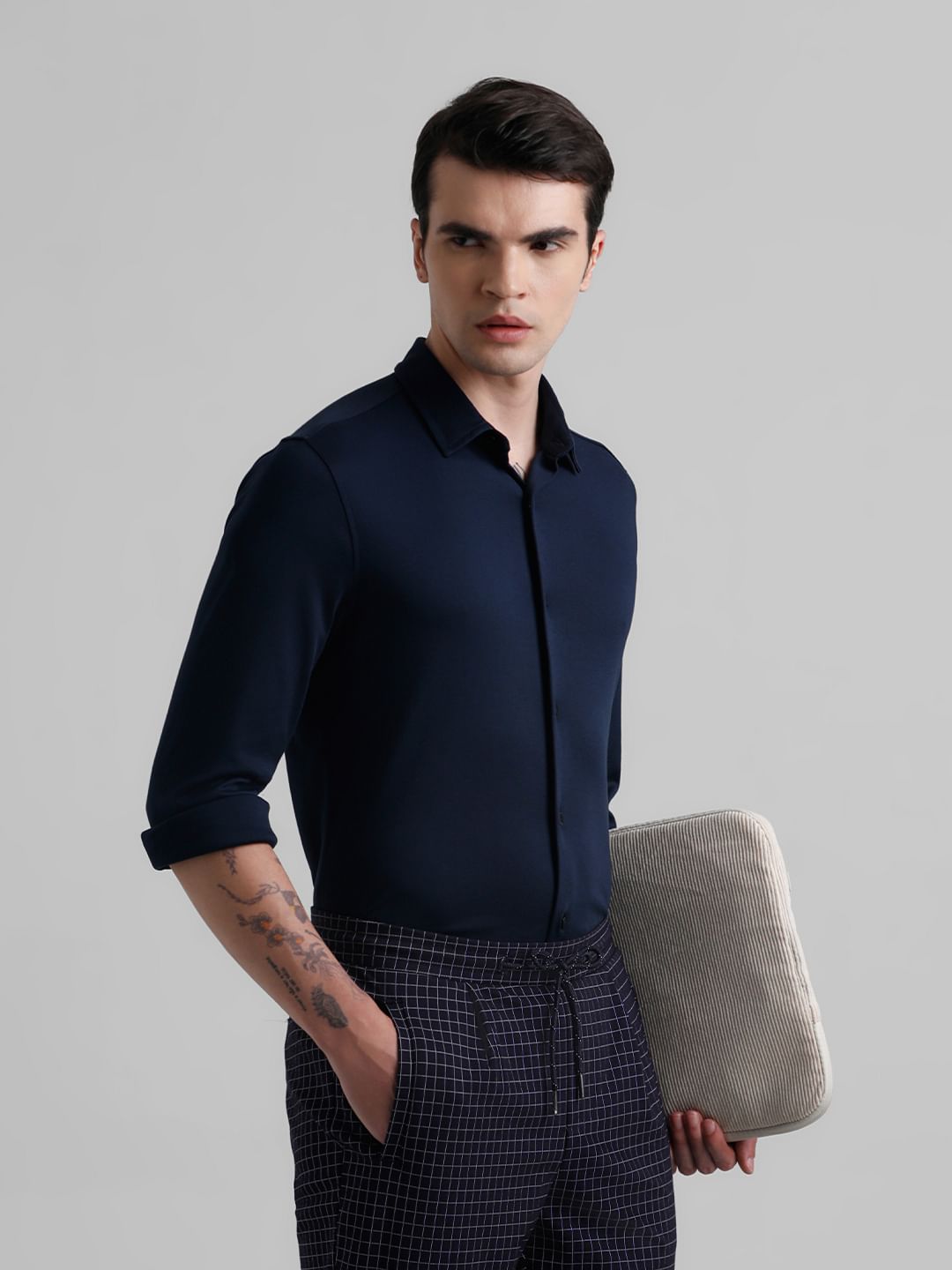 Dark Blue Knitted Full Sleeves Shirt