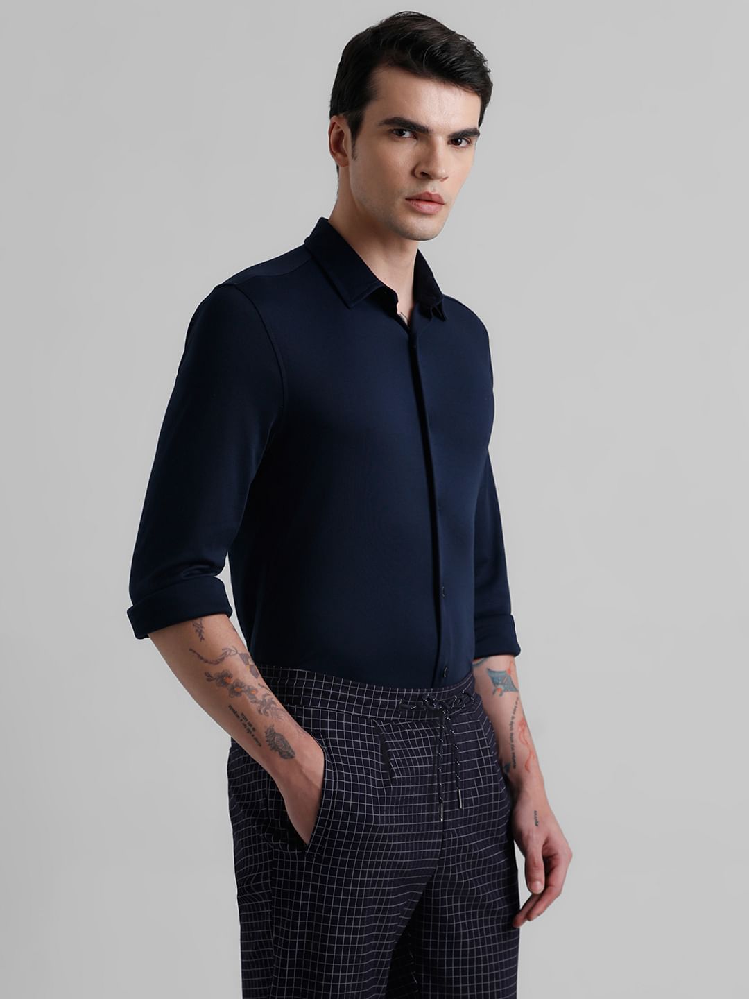 Dark Blue Knitted Full Sleeves Shirt
