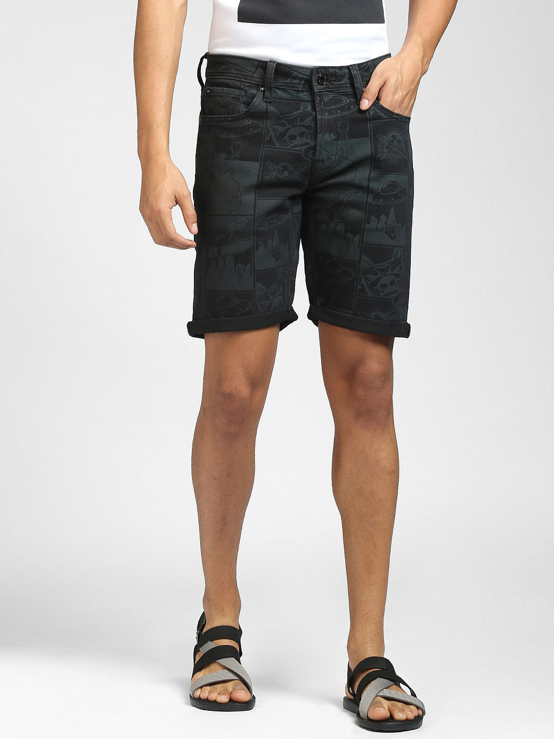 Black Printed Denim Shorts