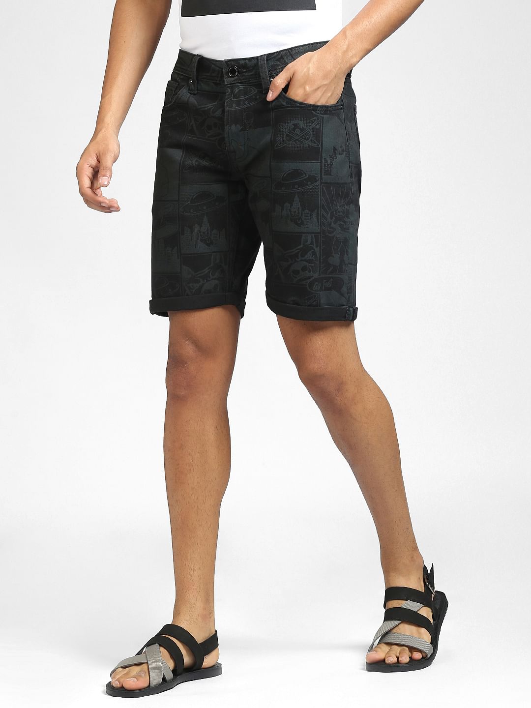 Black Printed Denim Shorts