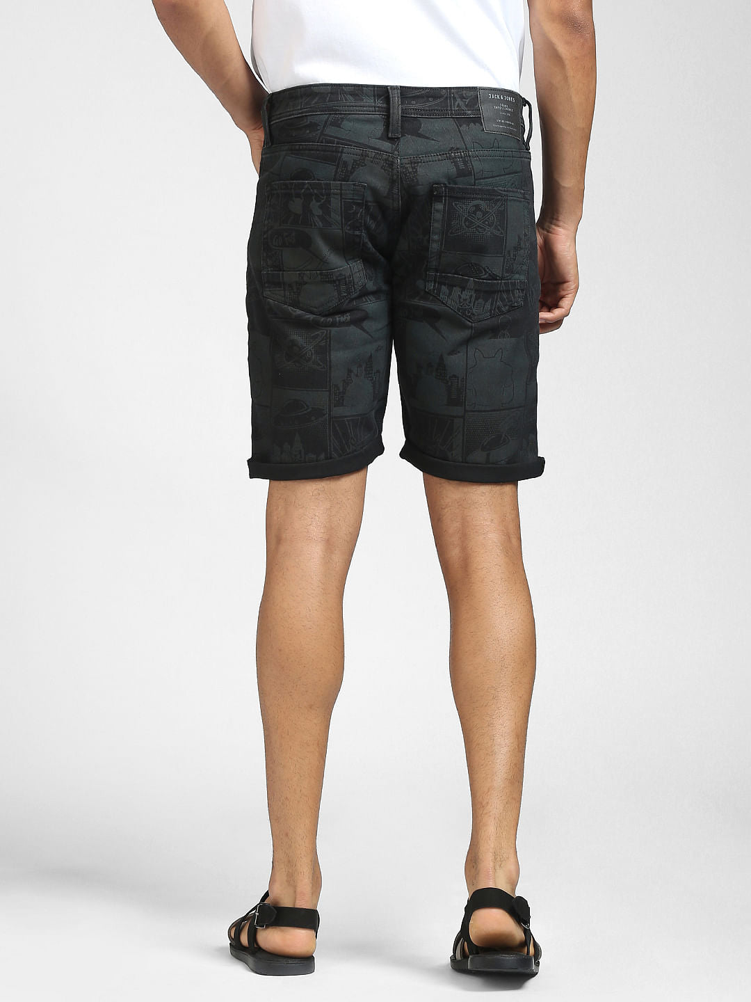 Black Printed Denim Shorts