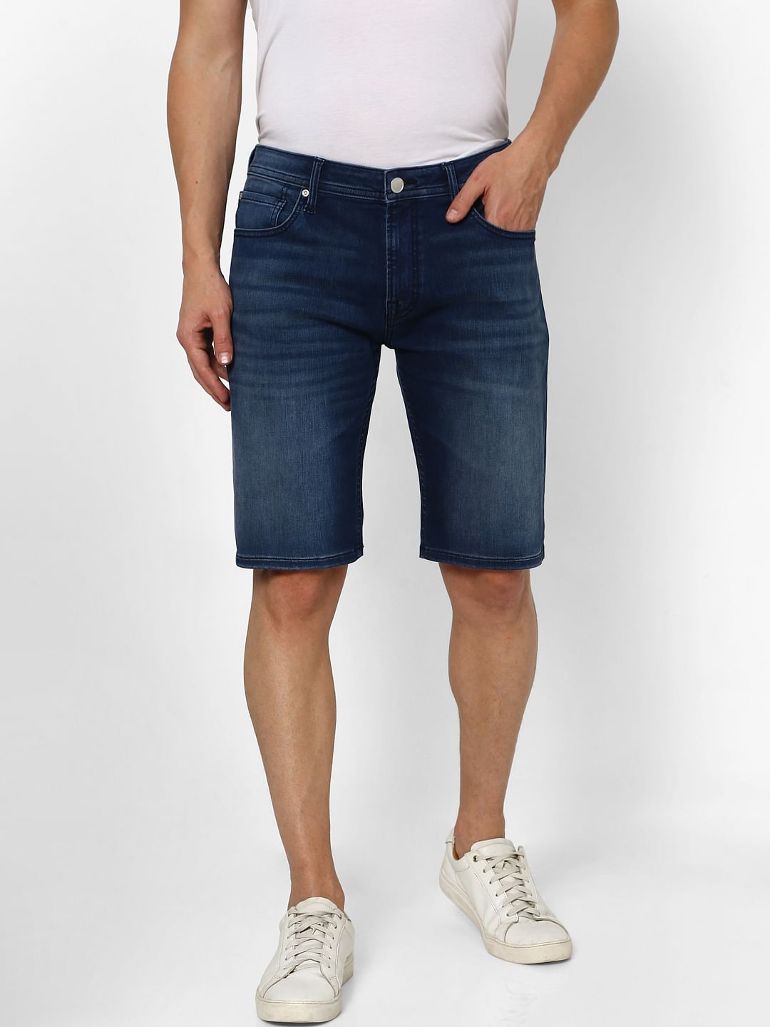 Blue Low Rise Washed Denim Shorts