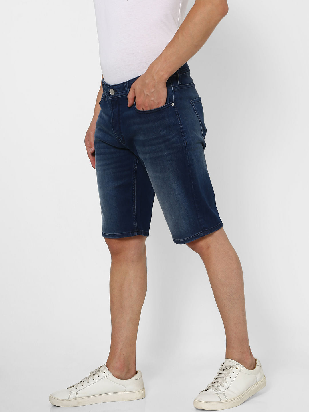 Blue Low Rise Washed Denim Shorts