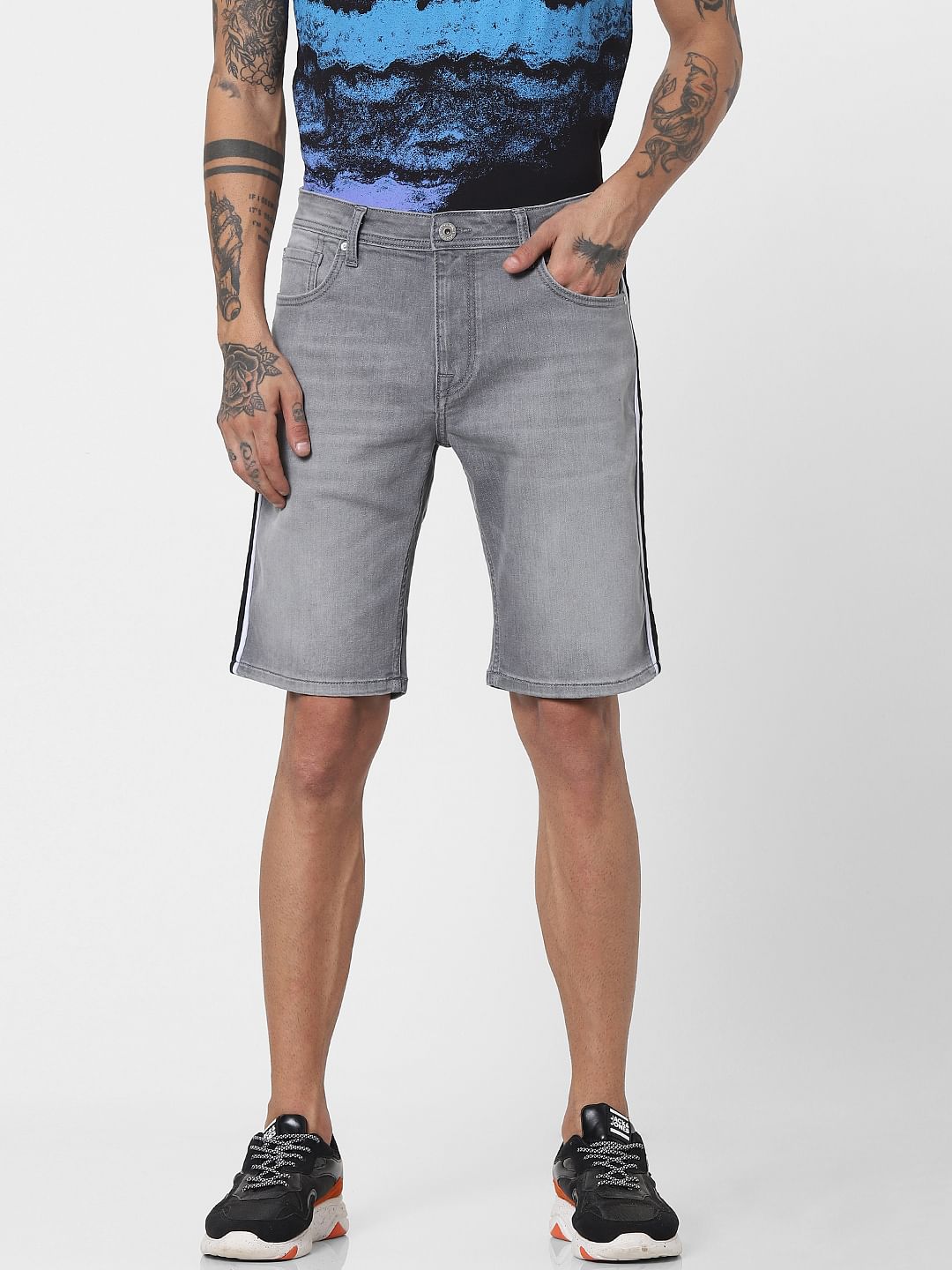 Grey Low Rise Tape Detail Denim Shorts
