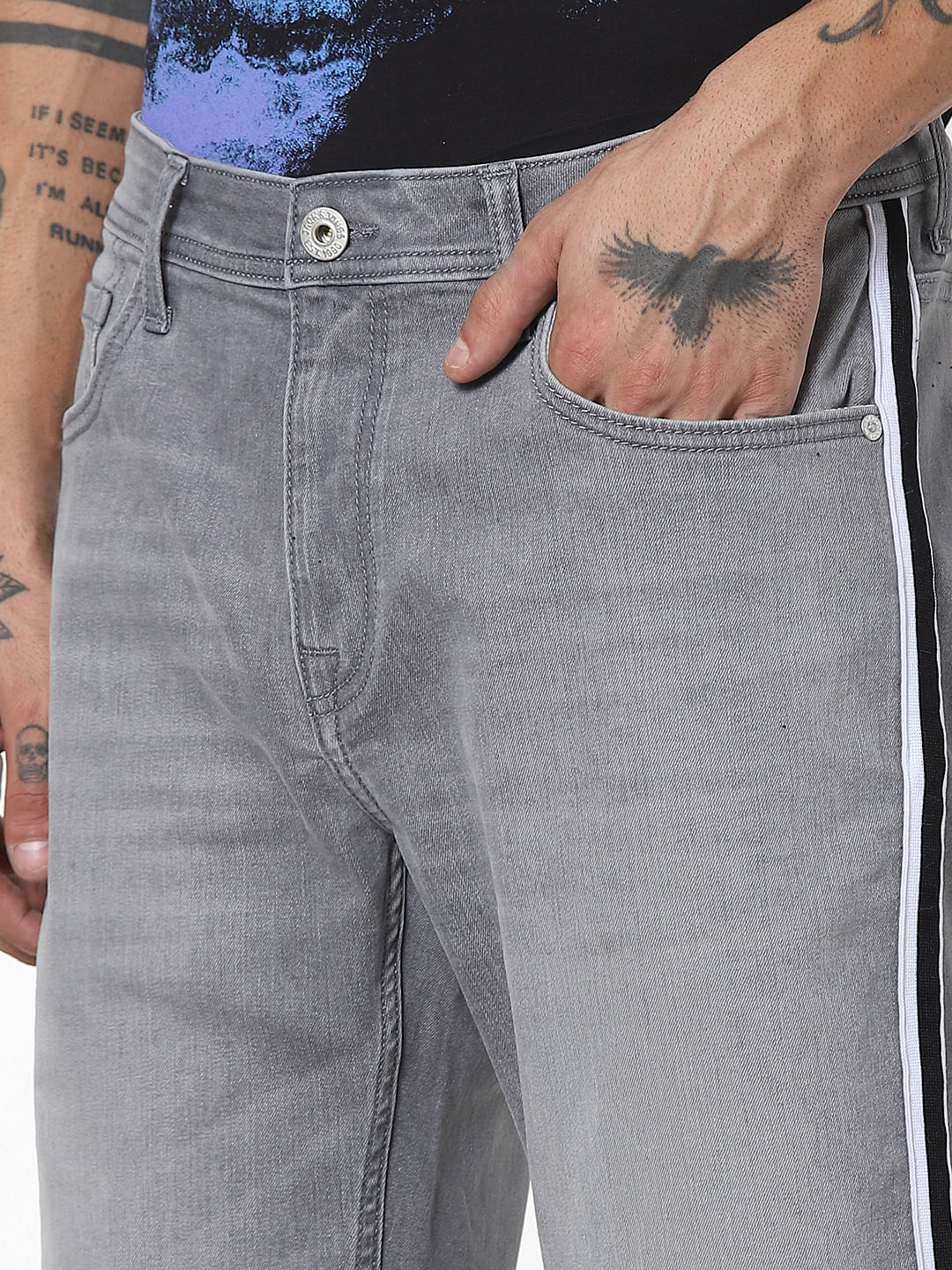 Grey Low Rise Tape Detail Denim Shorts