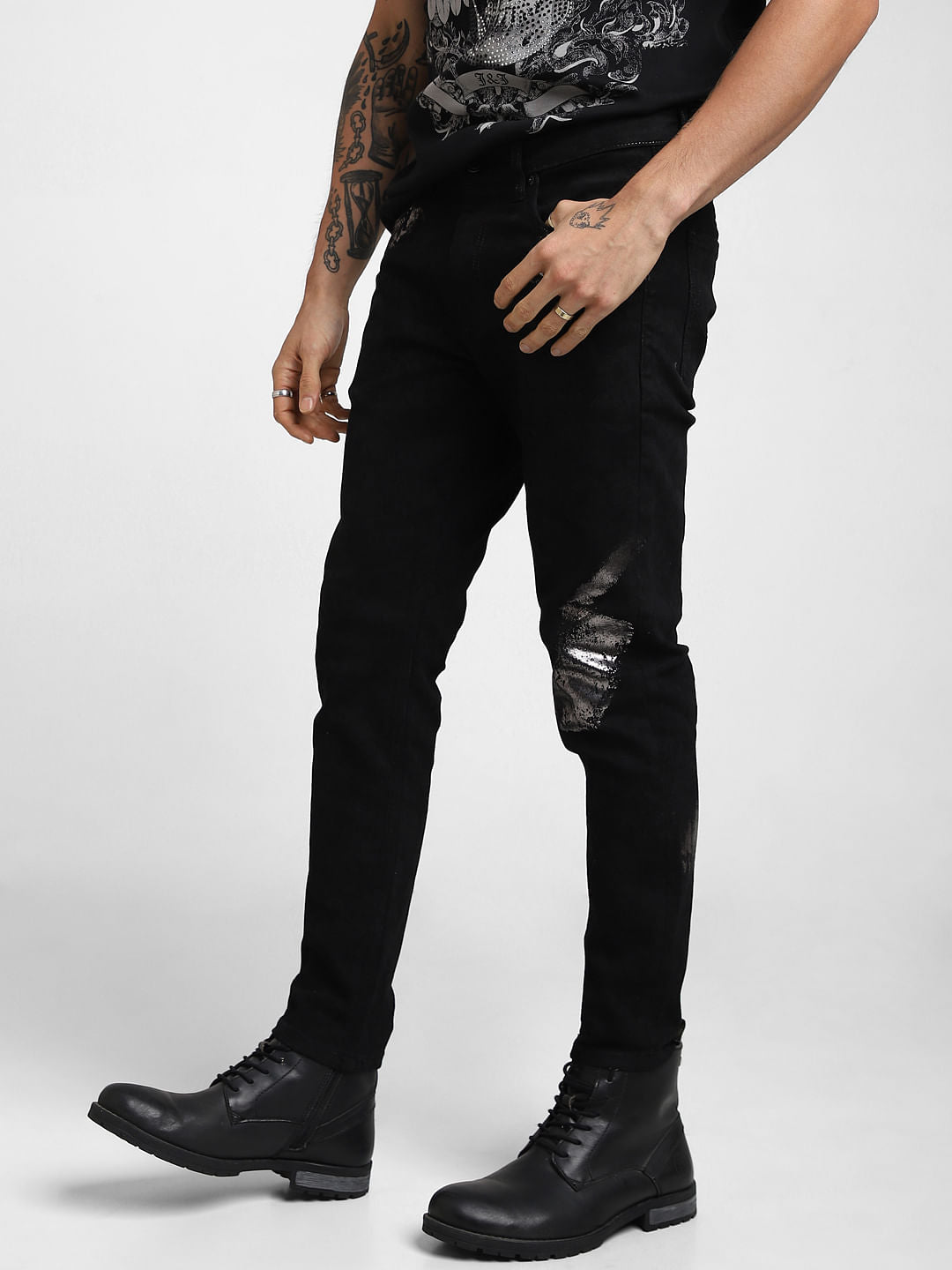 UNMATCHED by JACK&JONES Black Gunmetal Crackle Effect Slim Fit Jeans