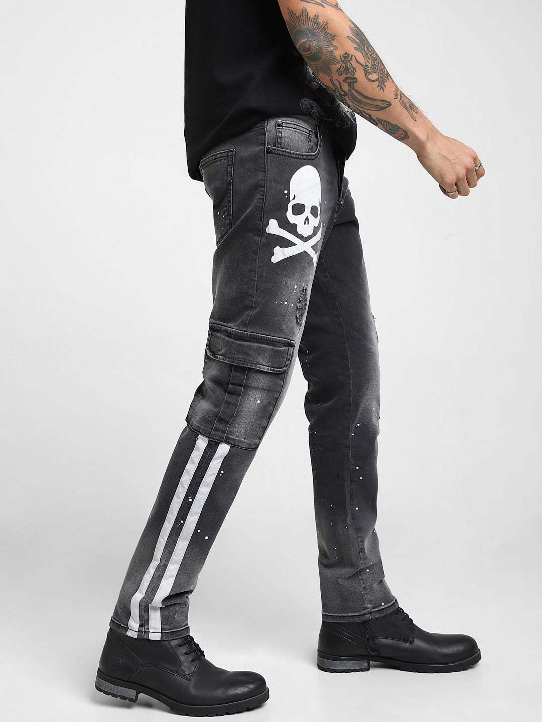 UNMATCHED by JACK&JONES Black Skull Printed Washed Anti Fit Jeans