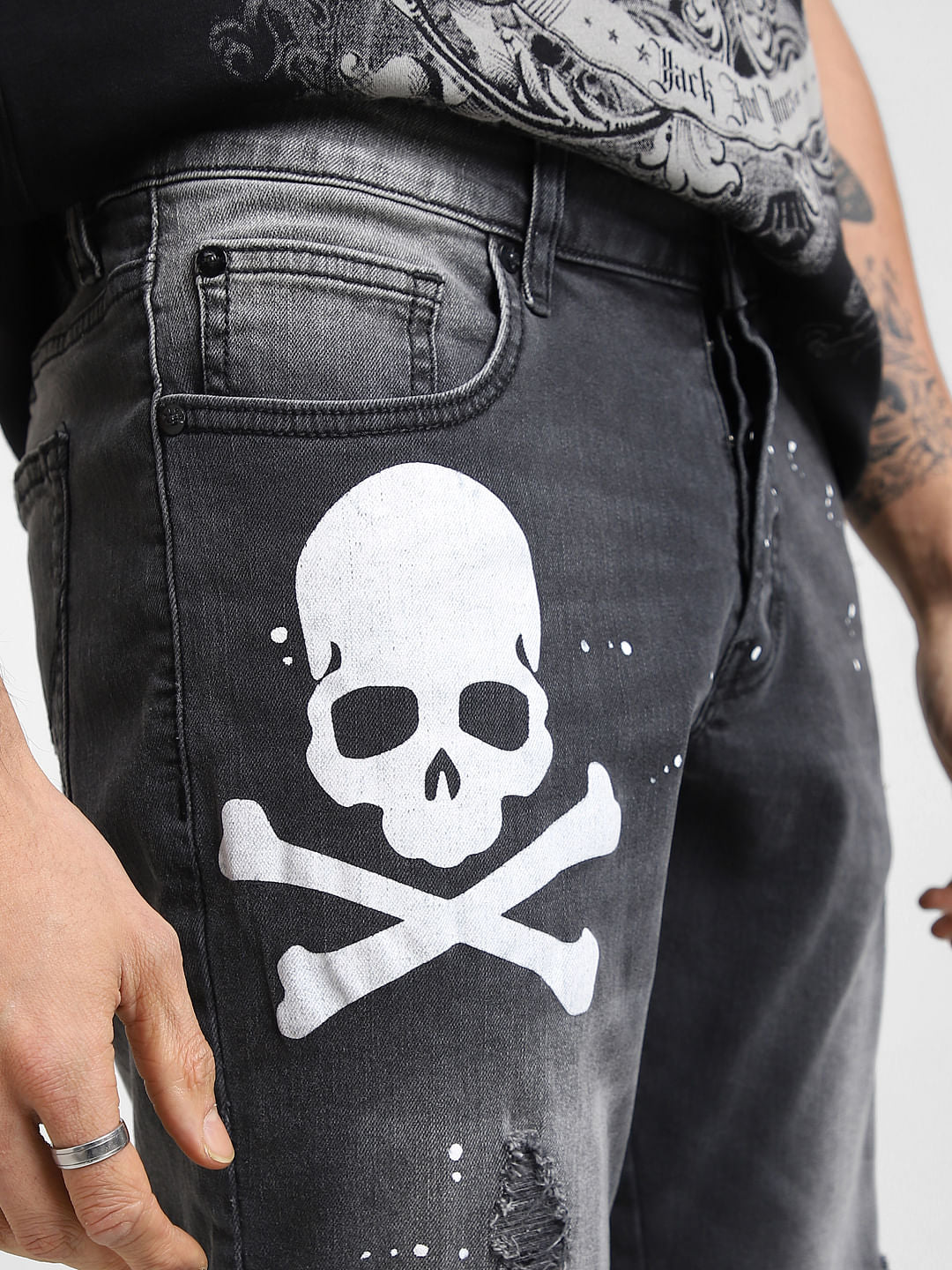 UNMATCHED by JACK&JONES Black Skull Printed Washed Anti Fit Jeans