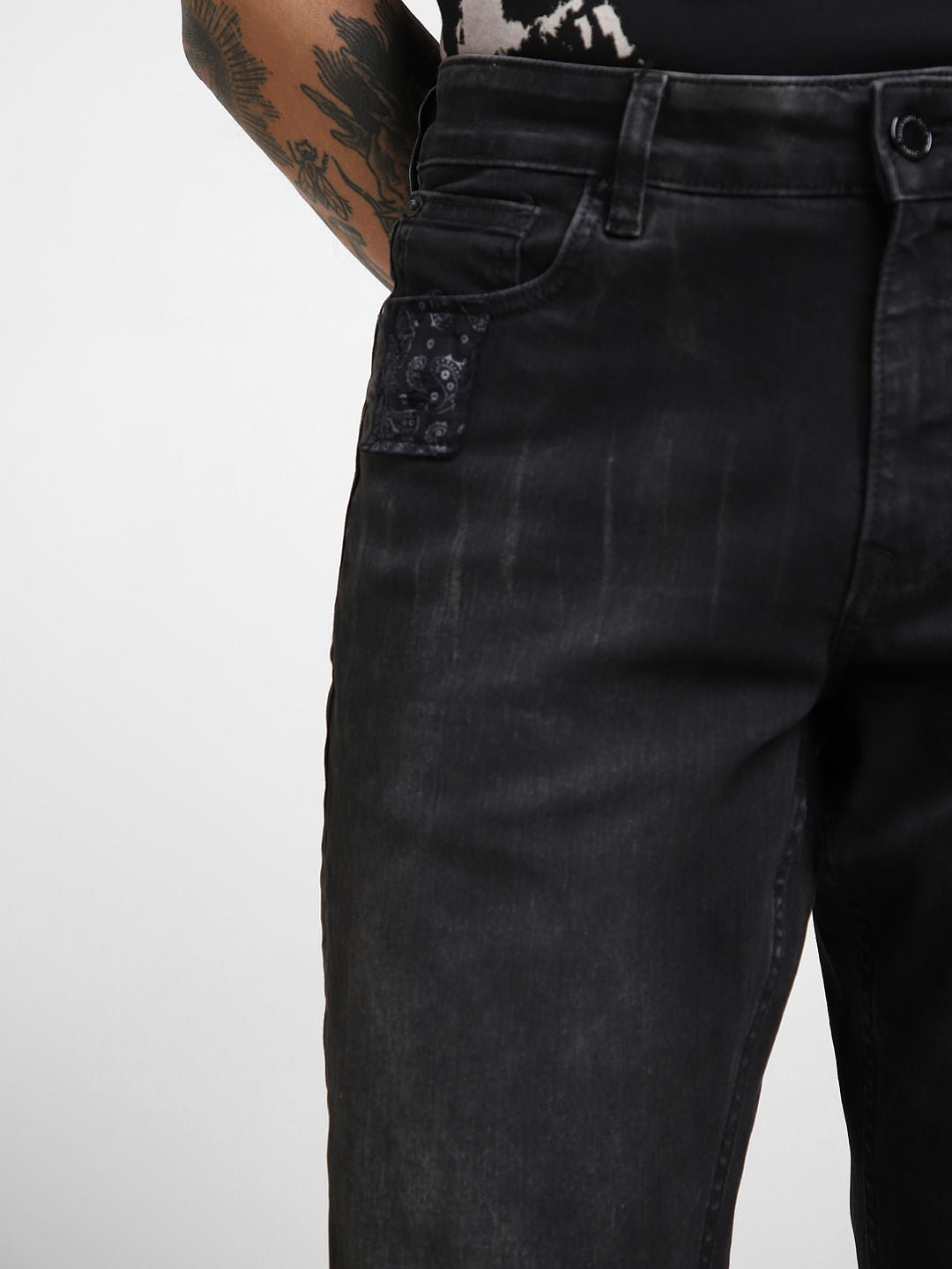 UNMATCHED by JACK&JONES Black Appliqu Detail Distressed Slim Jeans