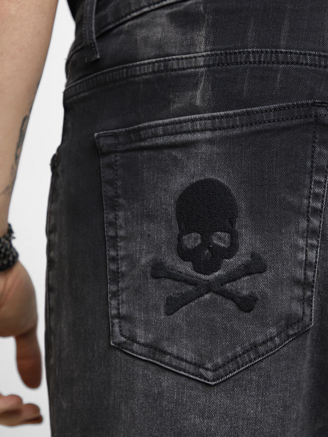 UNMATCHED by JACK&JONES Black Appliqu Detail Distressed Slim Jeans