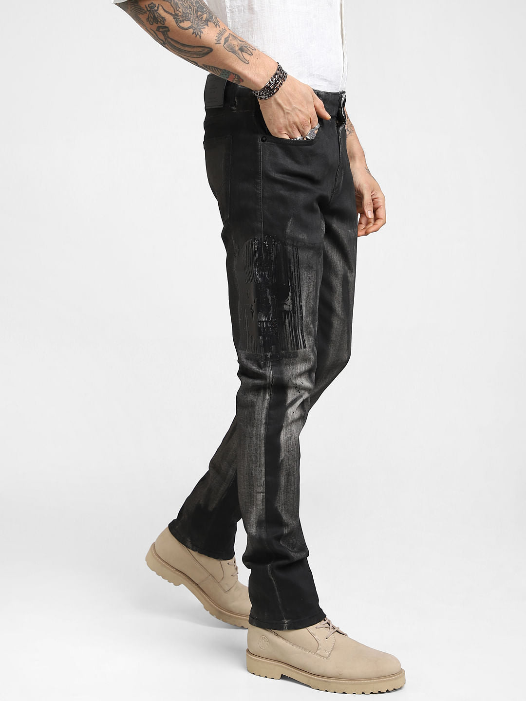 UNMATCHED by JACK&JONES Black Brush-Stroke Effect Slim Fit Jeans