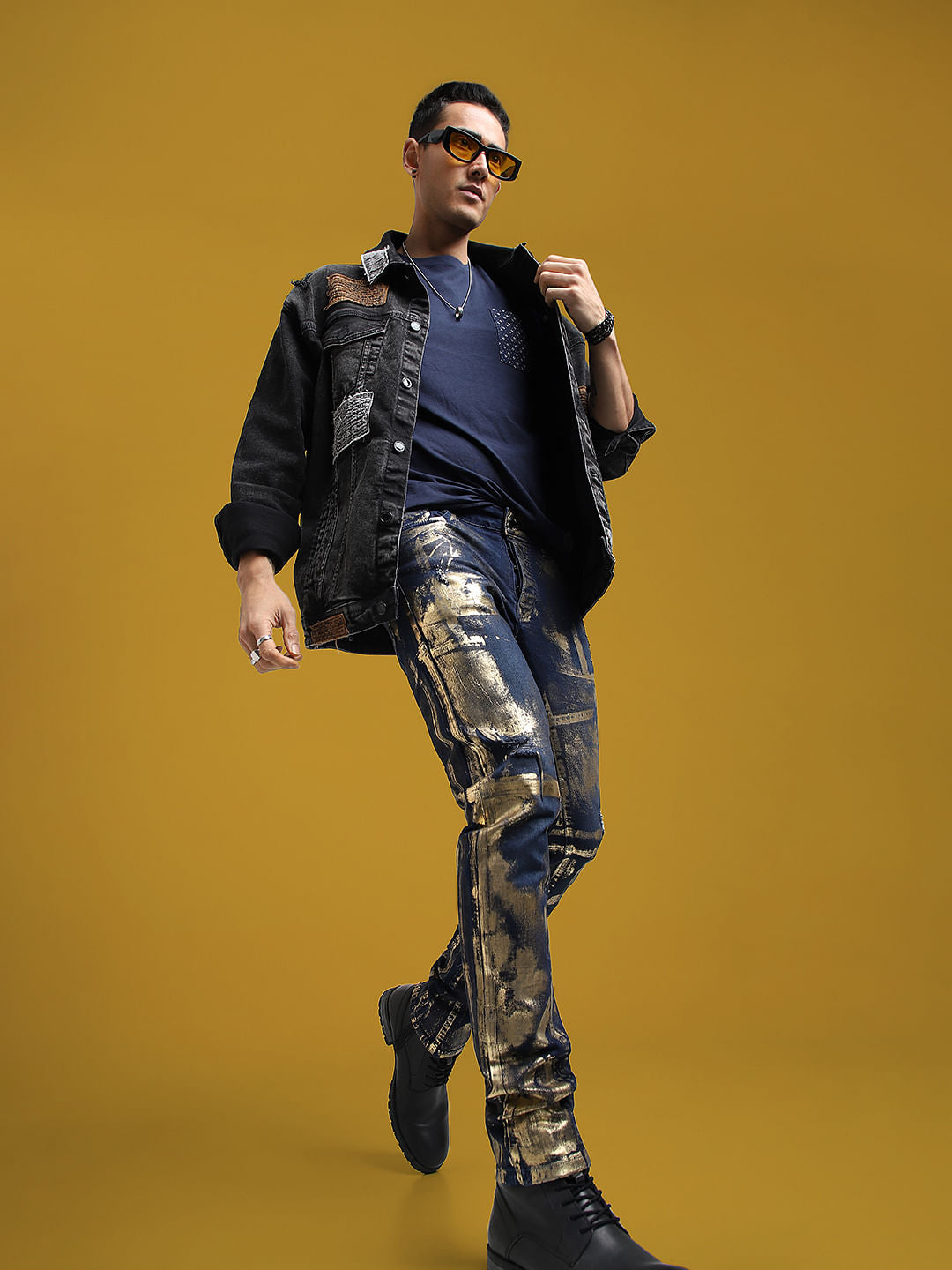 UNMATCHED by JACK&JONES Dark Blue Golden Foil Print Slim Fit Jeans