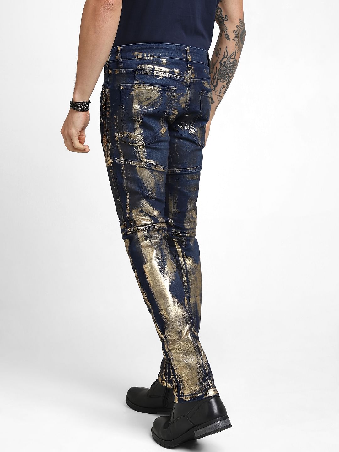 UNMATCHED by JACK&JONES Dark Blue Golden Foil Print Slim Fit Jeans