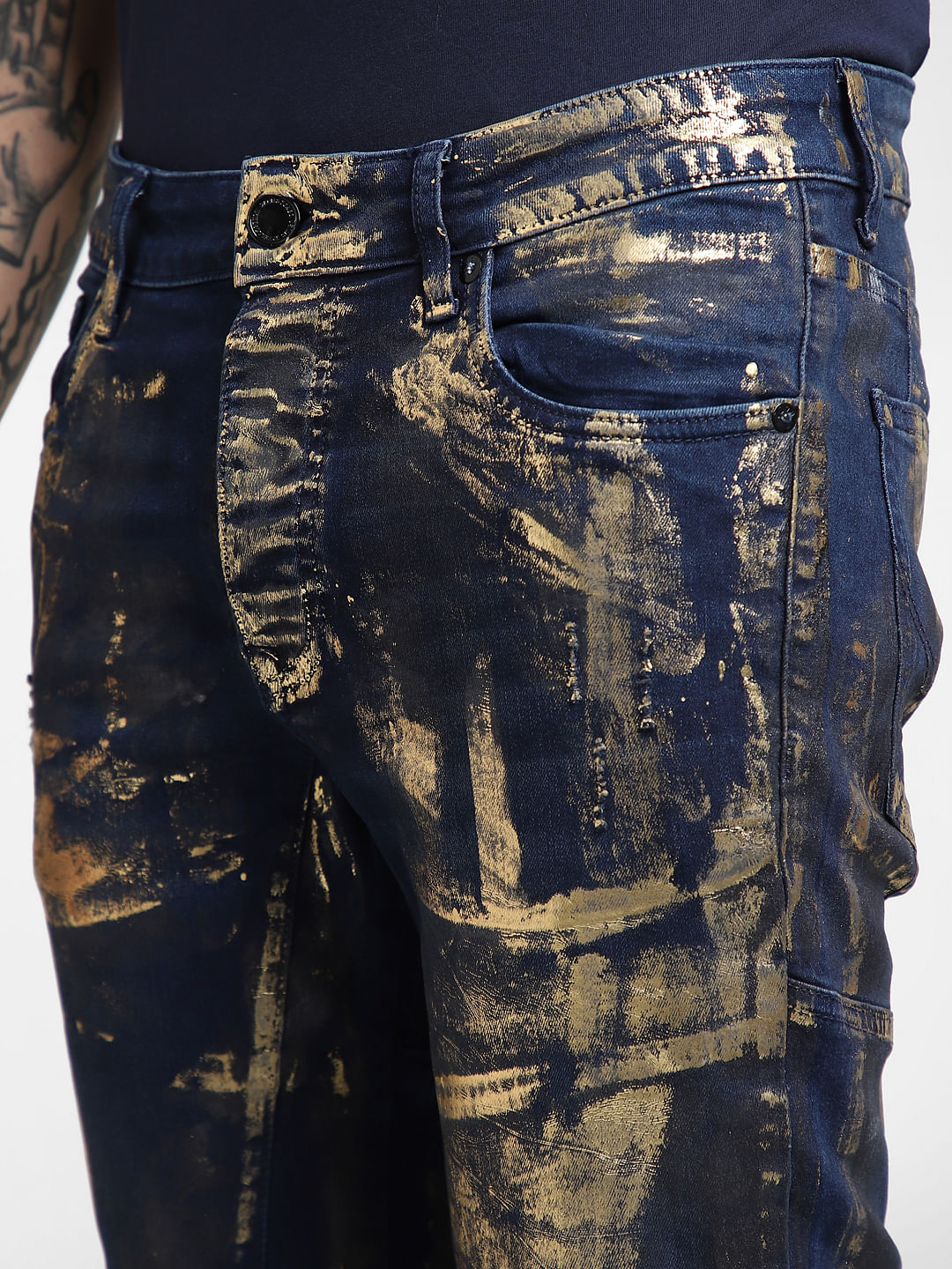 UNMATCHED by JACK&JONES Dark Blue Golden Foil Print Slim Fit Jeans