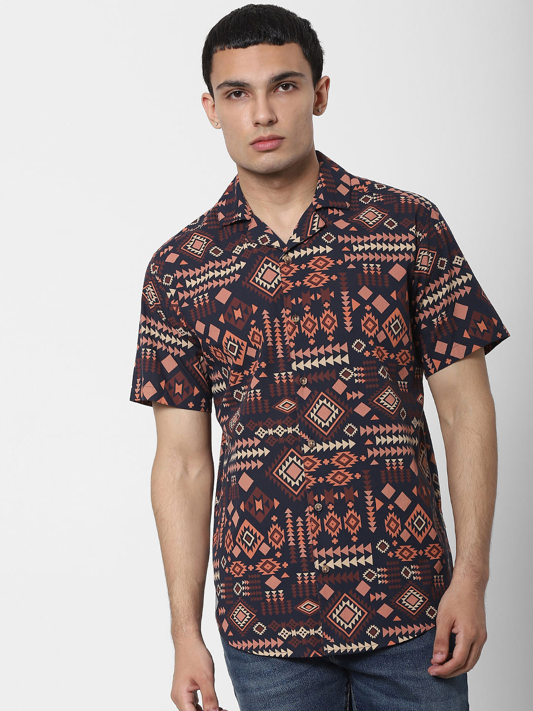 Brown Aztec Print Short Sleeves Shirt