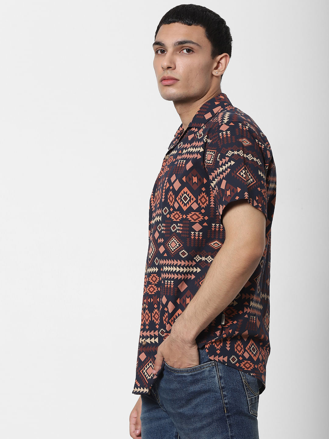 Brown Aztec Print Short Sleeves Shirt