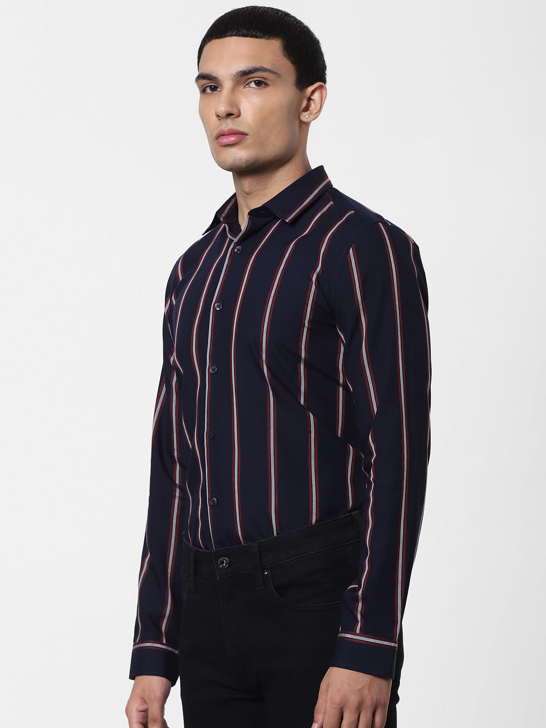 Navy Blue Striped Full Sleeves Shirt