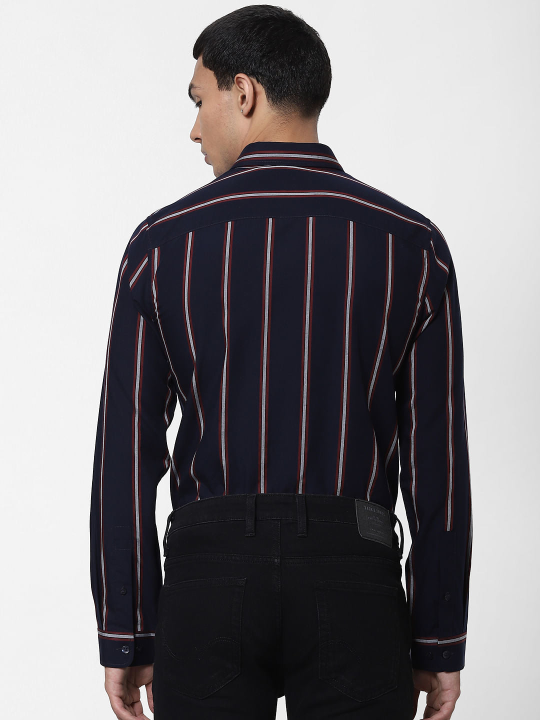 Navy Blue Striped Full Sleeves Shirt