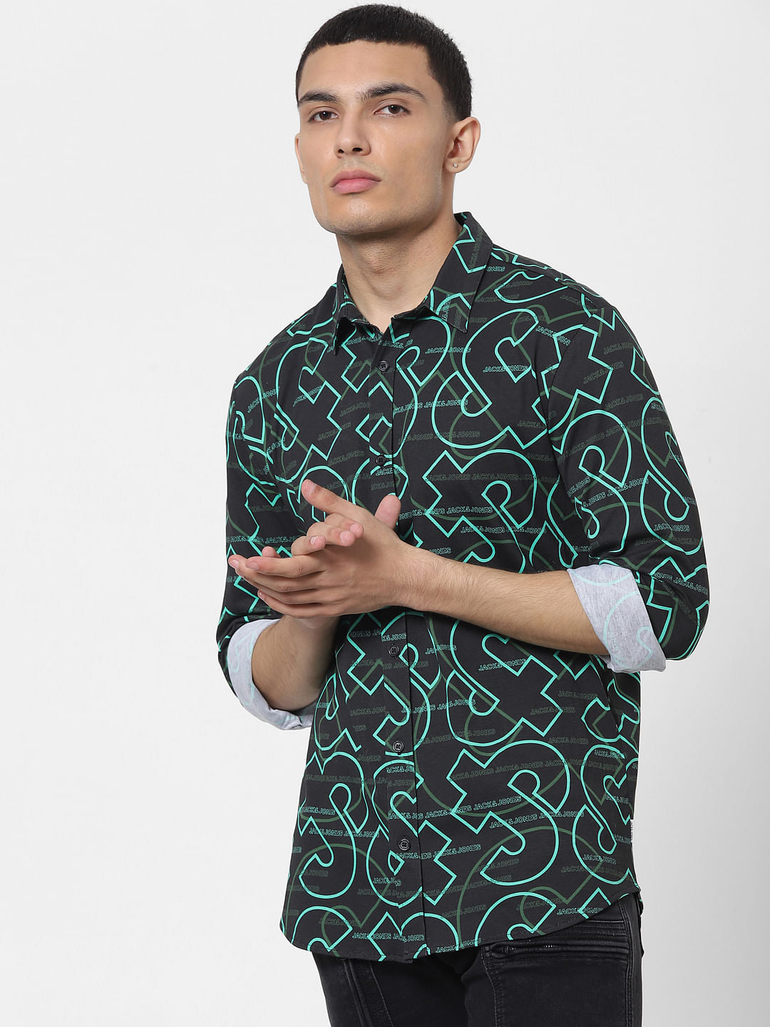 Green All Over Logo Print Full Sleeves Shirt