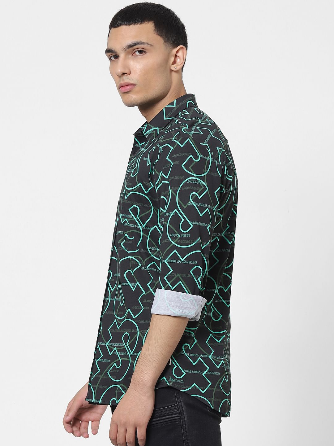 Green All Over Logo Print Full Sleeves Shirt