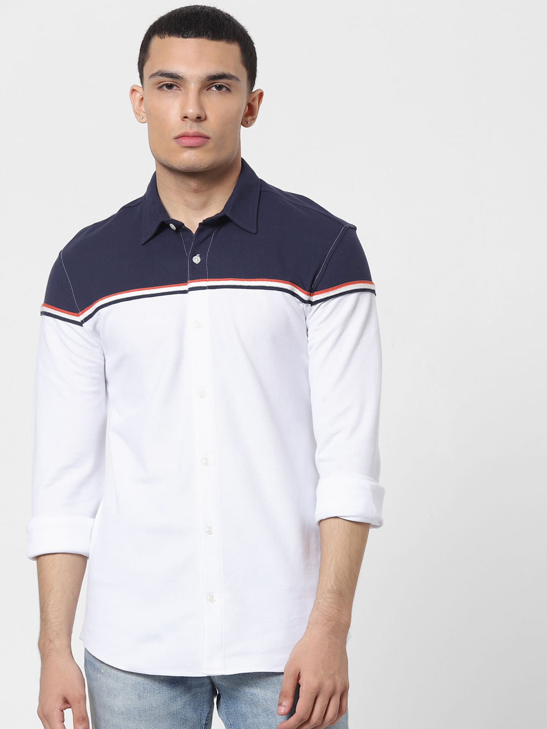 White Colourblocked Full Sleeves Shirt