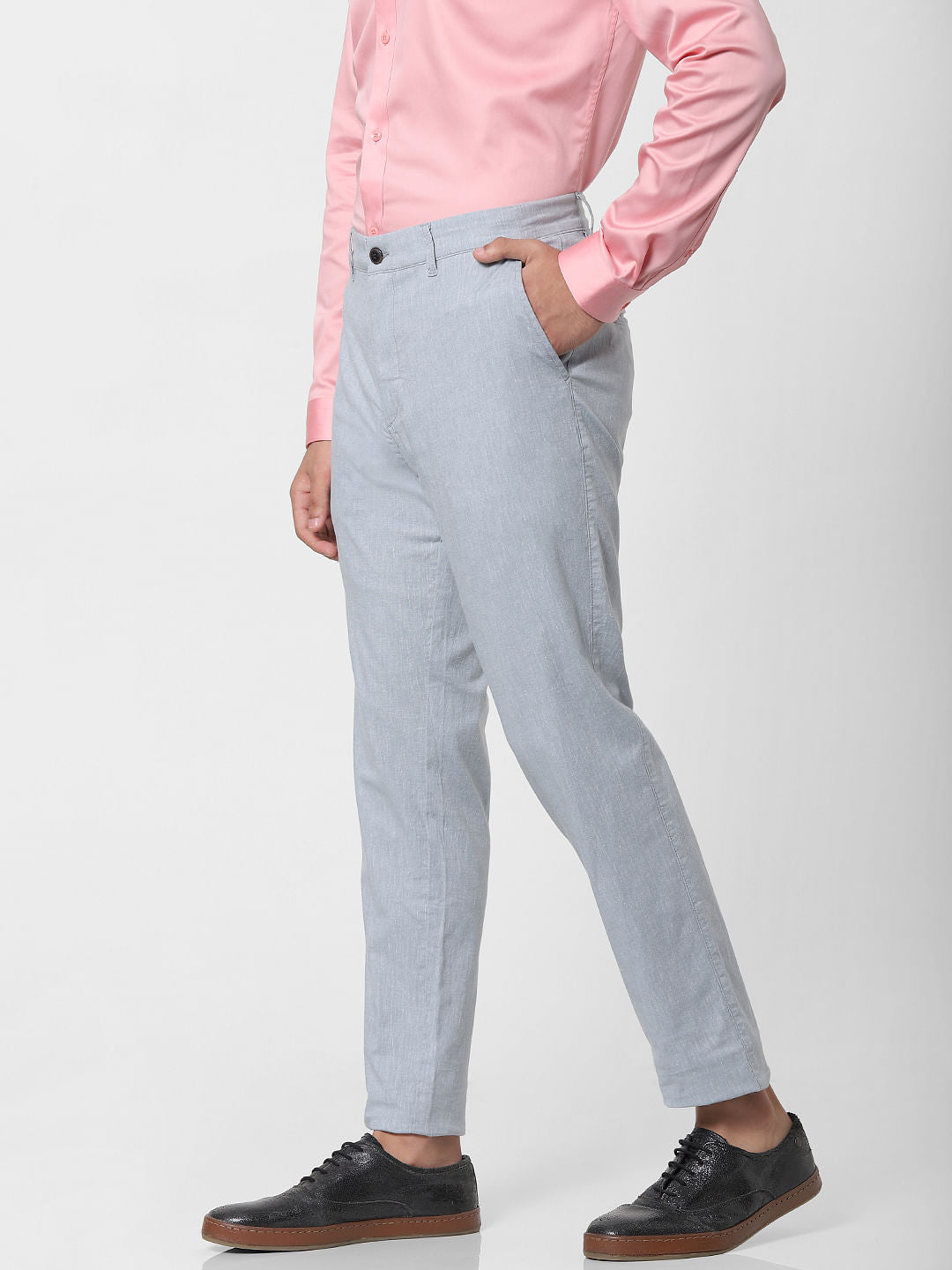 Grey Mid Rise Linen Pants