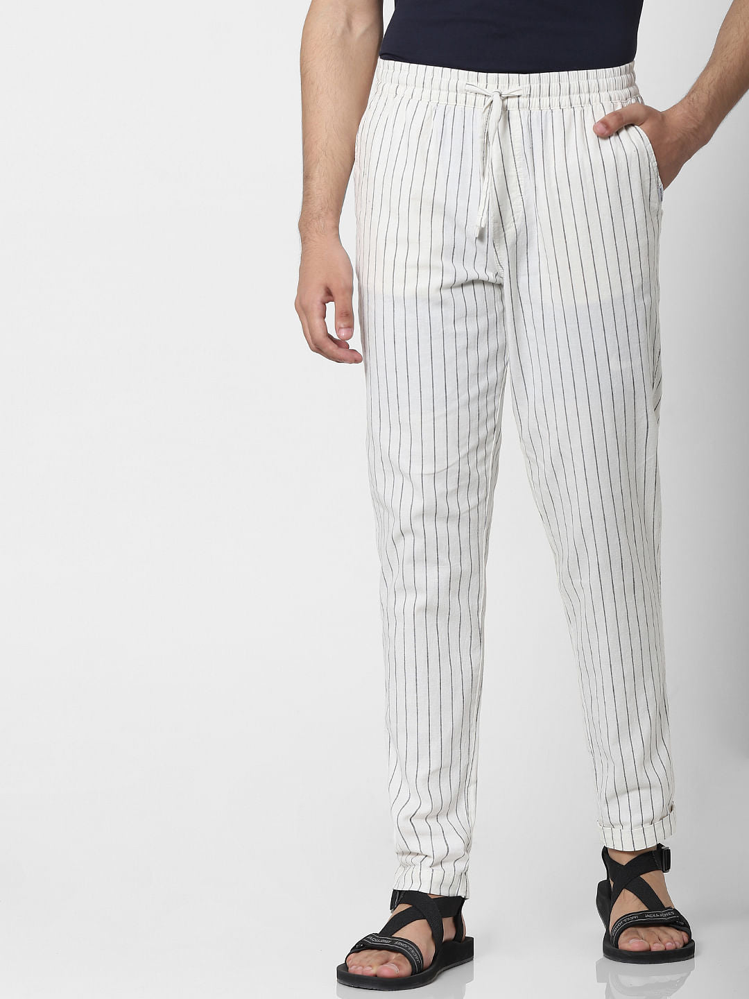 Beige Mid Rise Striped Regular Fit Pants