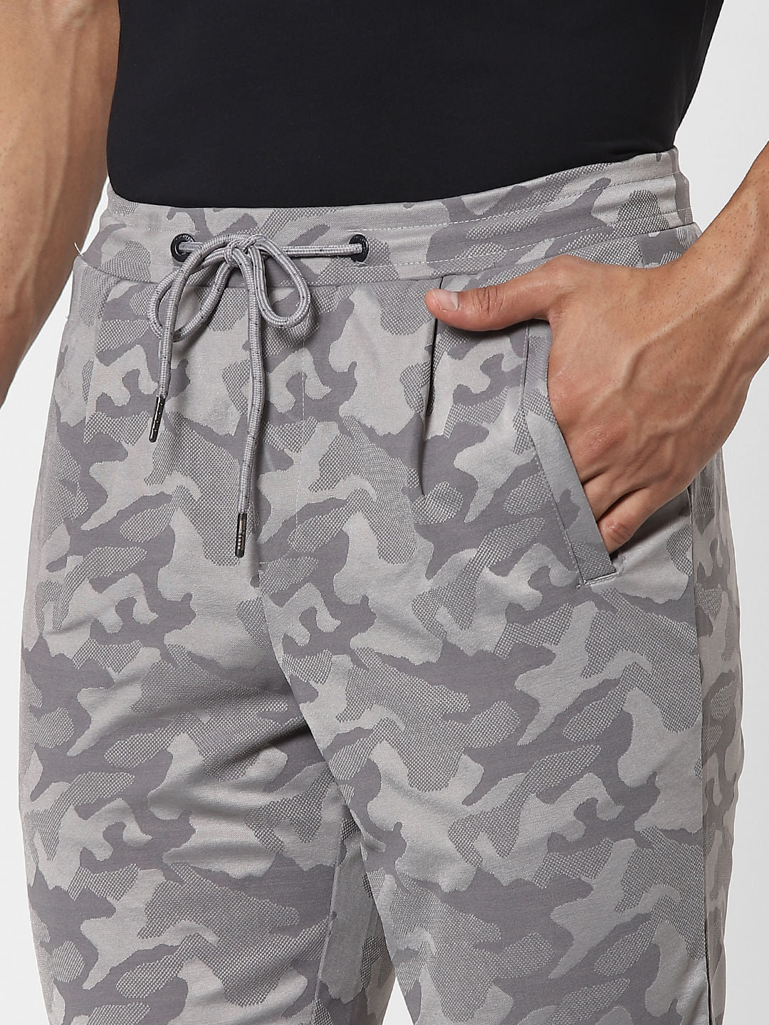 Grey Mid Rise Abstract Print Pants