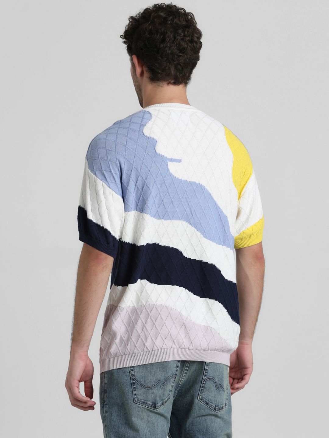 White Colourblocked Jacquard Oversized T-shirt