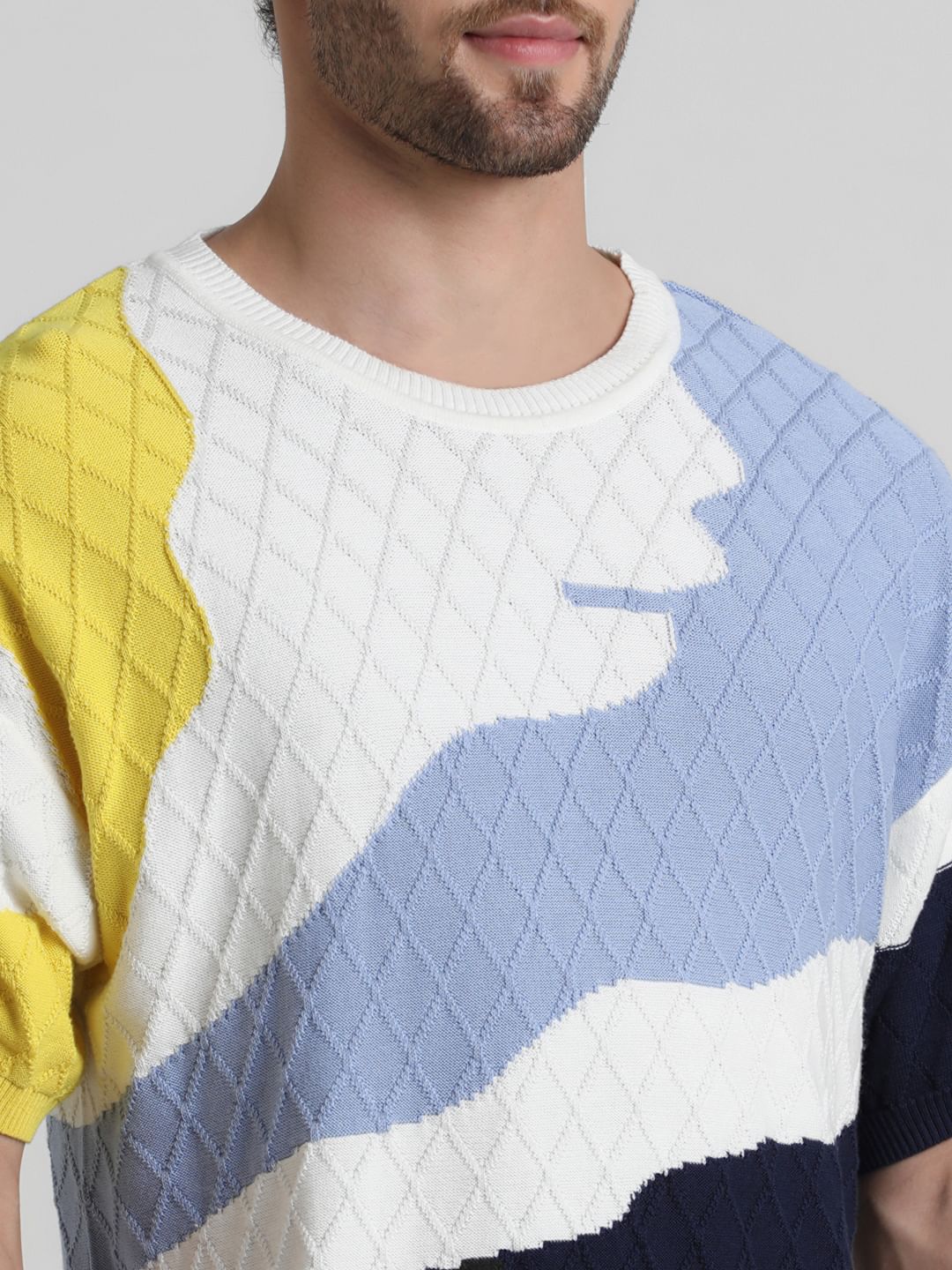 White Colourblocked Jacquard Oversized T-shirt