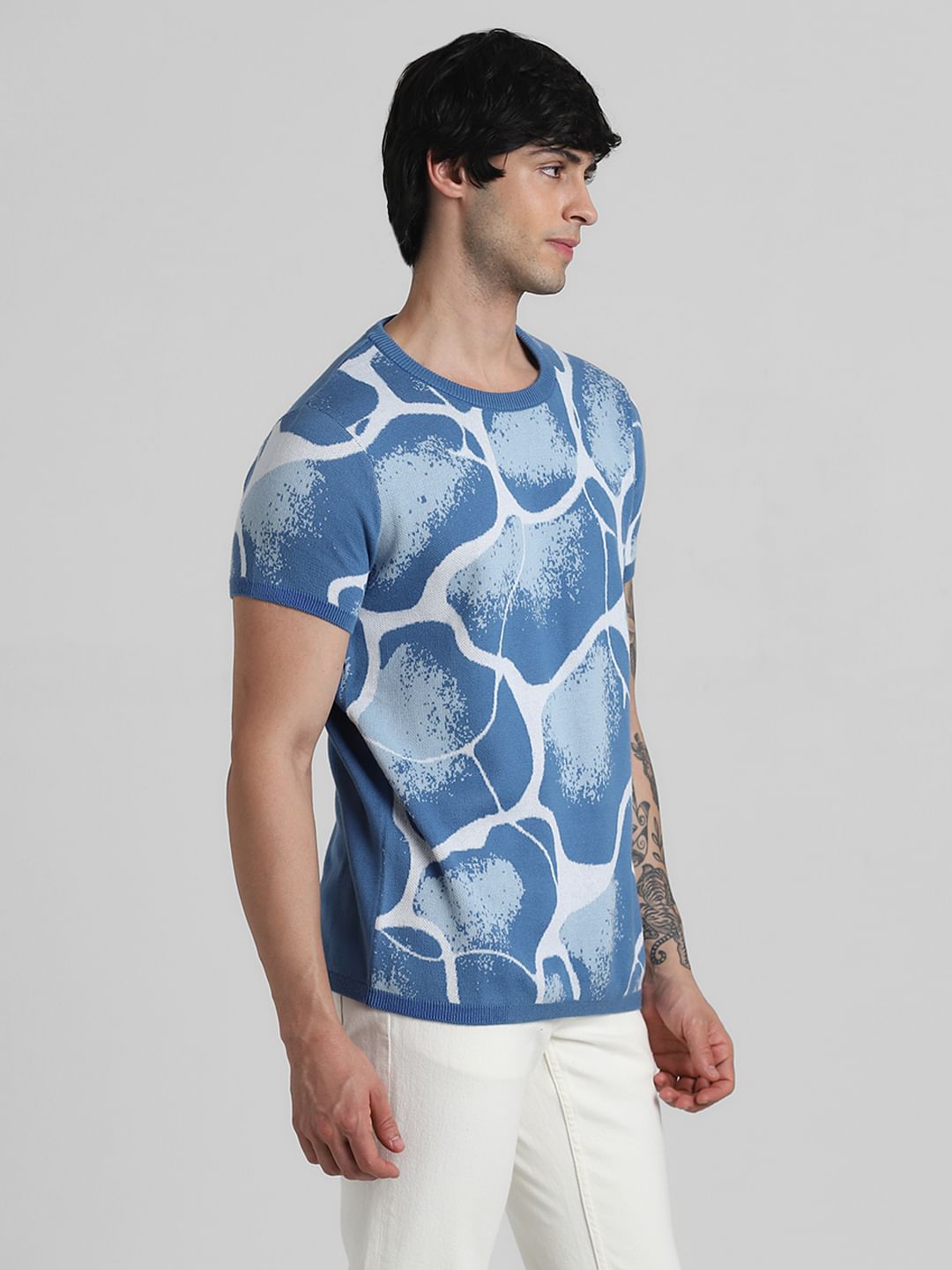 Blue Printed Crew Neck T-shirt