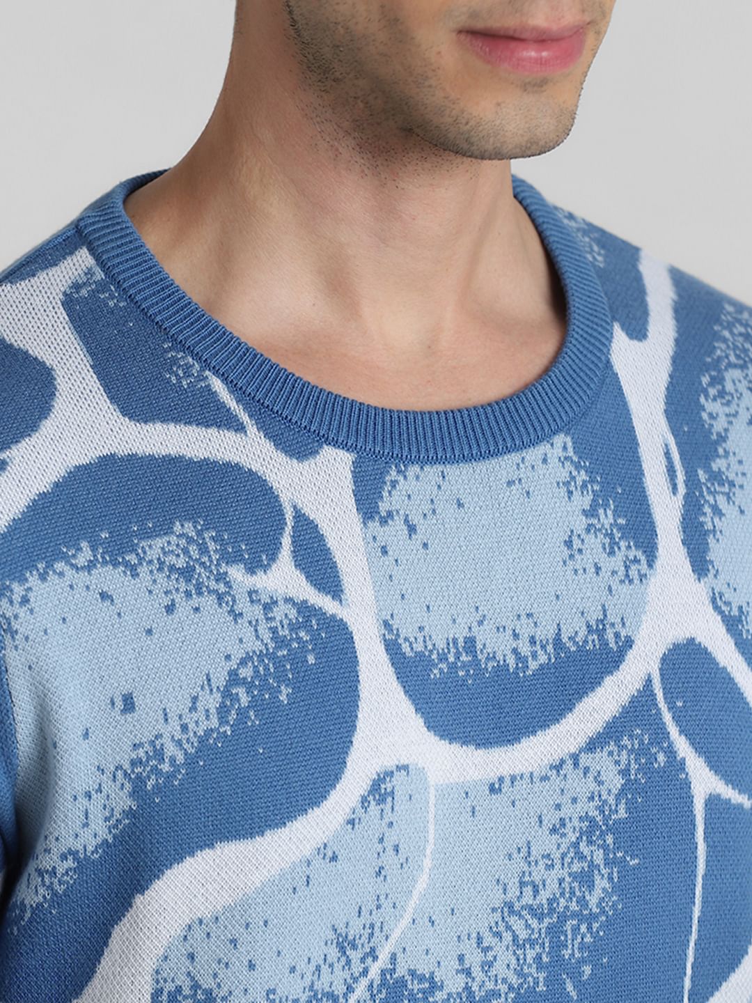 Blue Printed Crew Neck T-shirt
