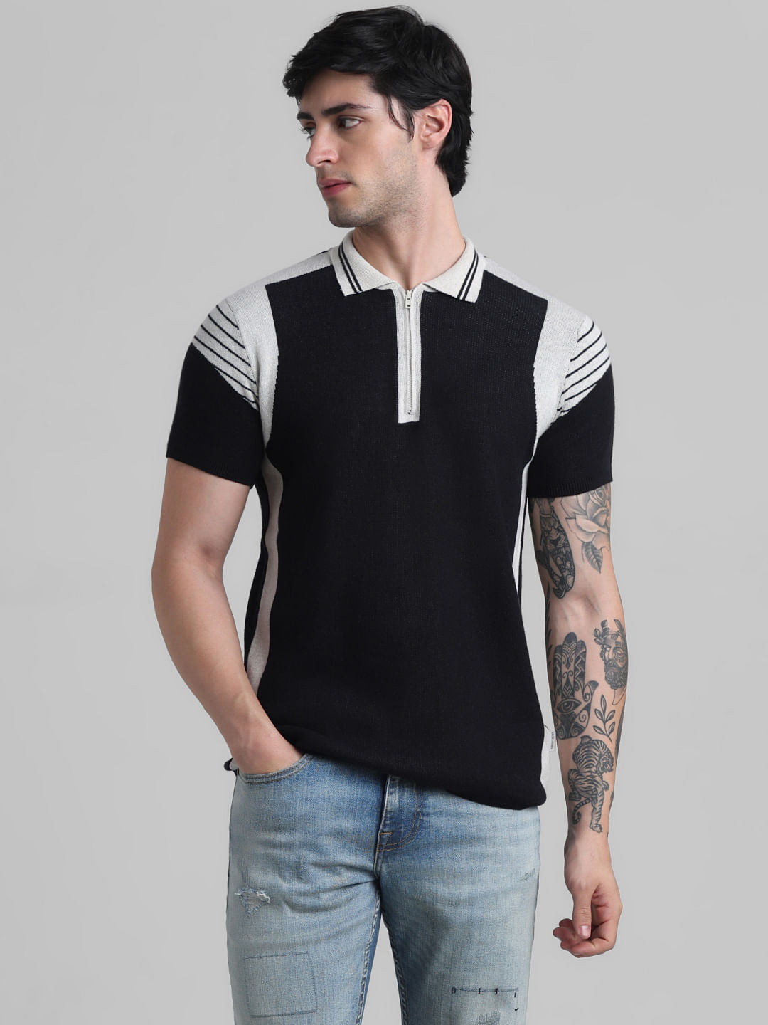 Black Colourblocked Knitted Polo
