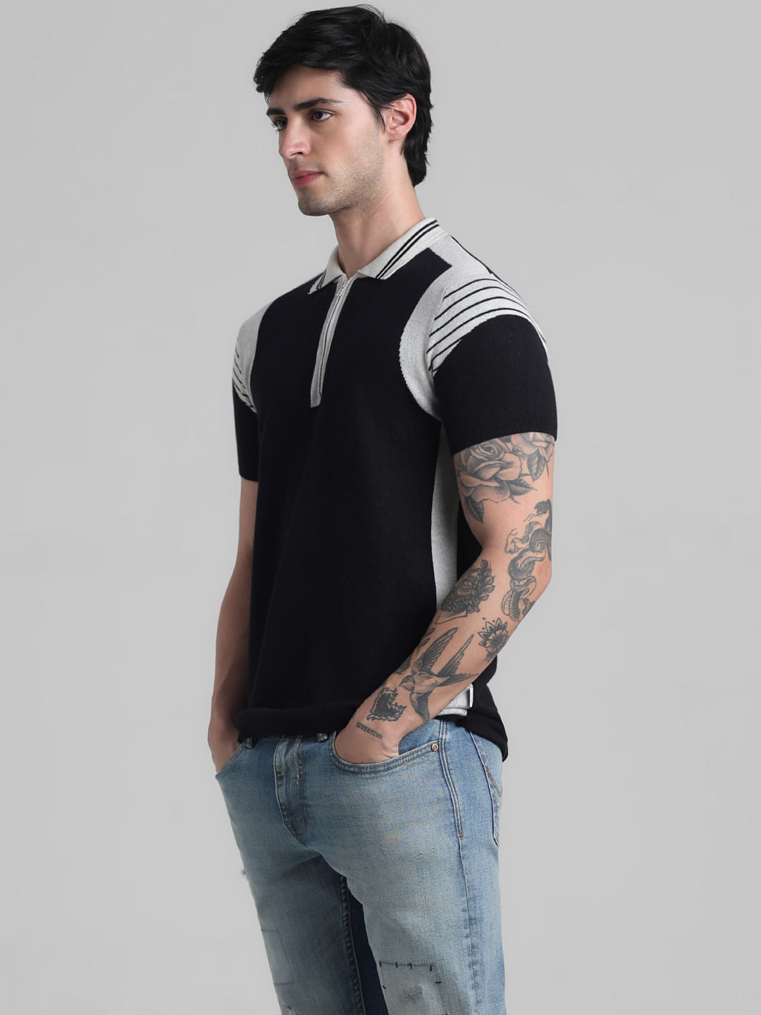 Black Colourblocked Knitted Polo