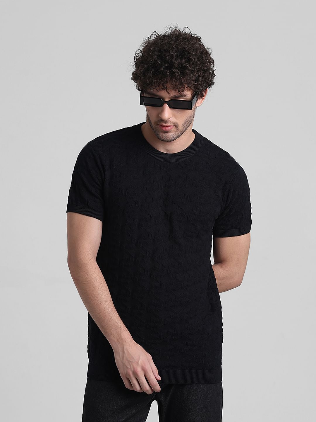 Black Textured Crew Neck T-shirt
