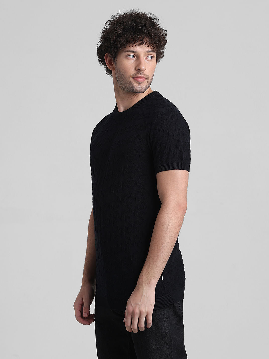 Black Textured Crew Neck T-shirt