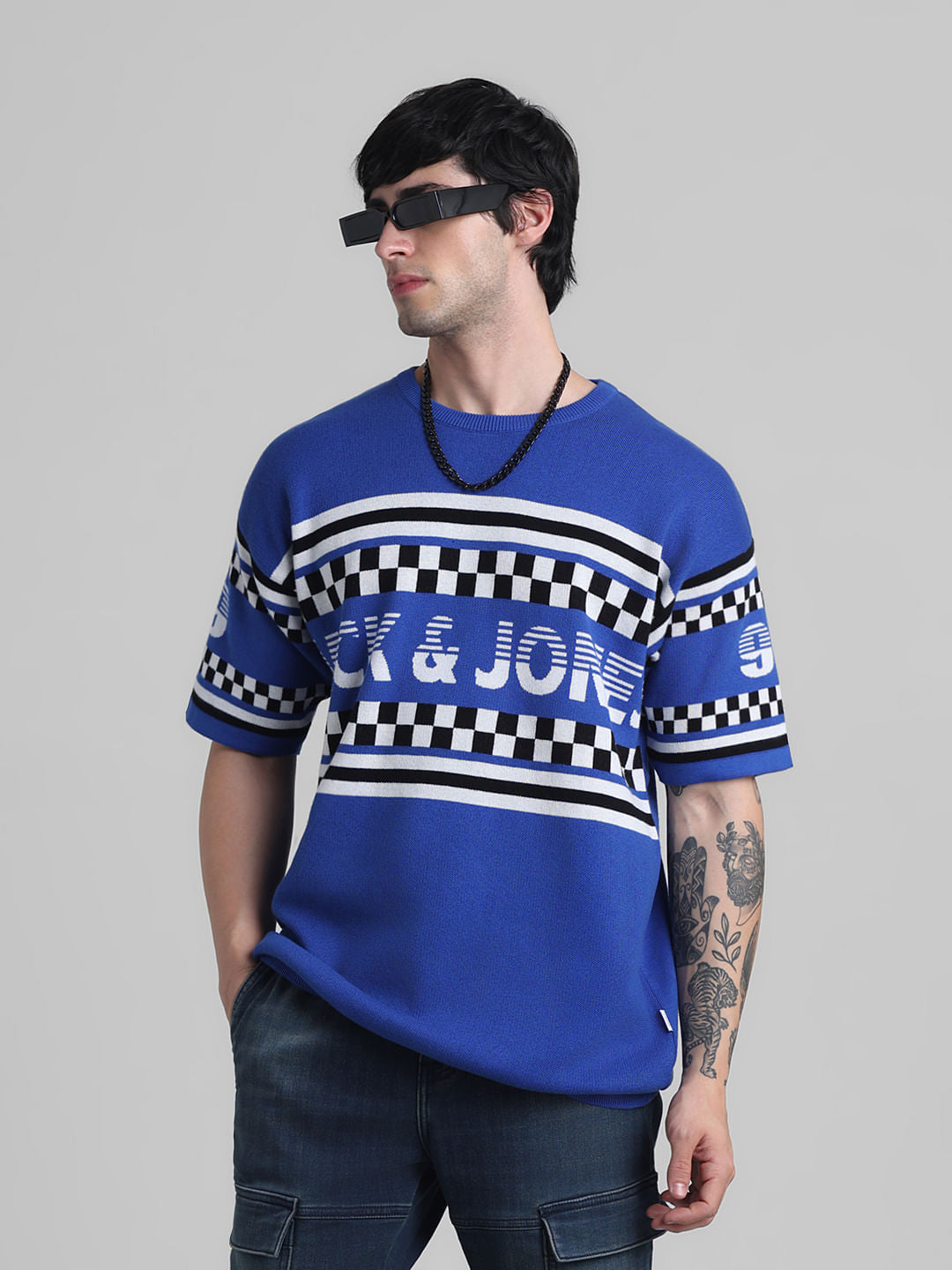 Blue Logo Text Knitted T-shirt