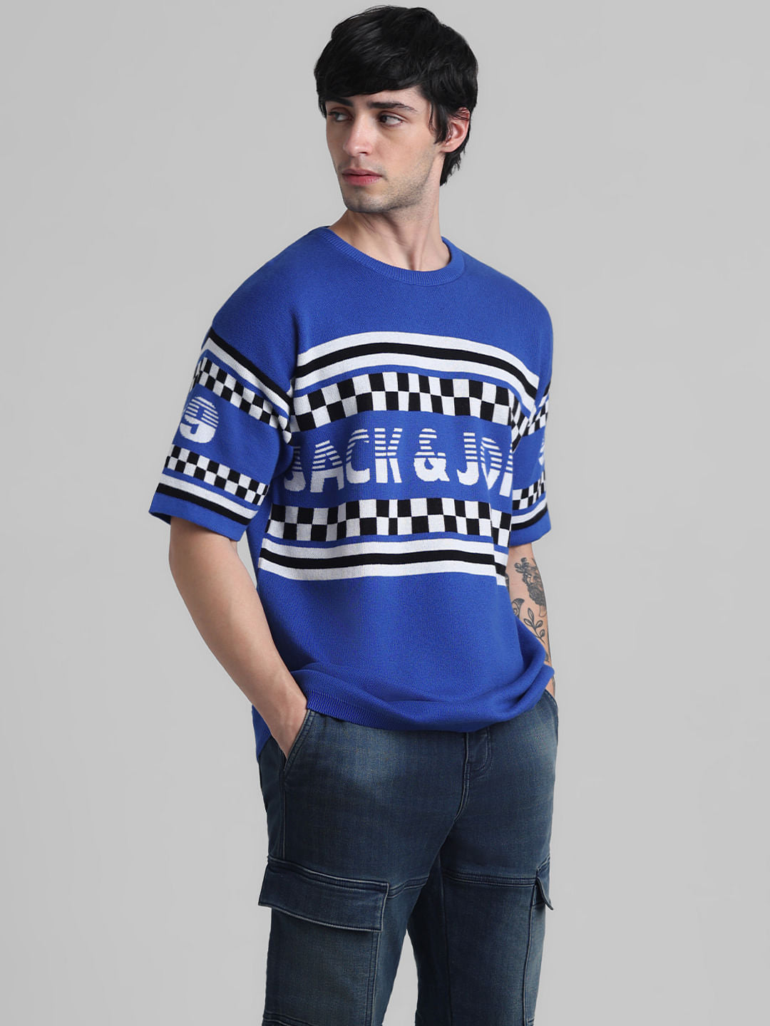 Blue Logo Text Knitted T-shirt
