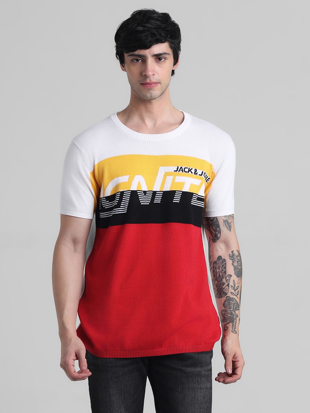 Red Colourblocked Knitted T-shirt