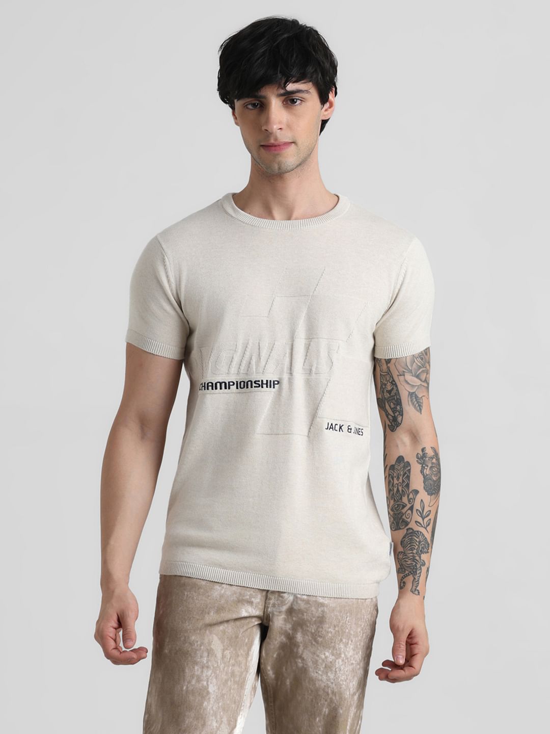 URBAN RACER by JACK&JONES Beige Printed Knitted T-shirt