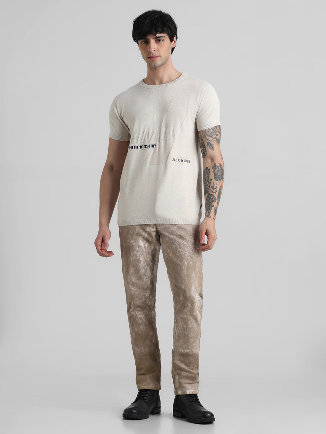 URBAN RACER by JACK&JONES Beige Printed Knitted T-shirt