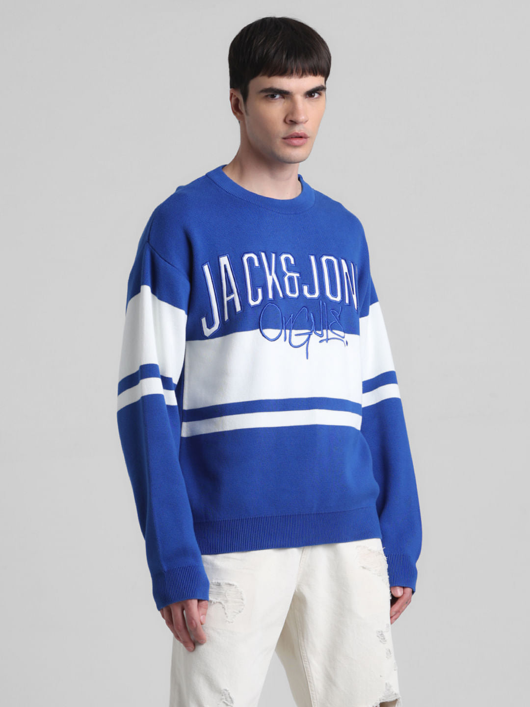 Blue Colourblocked Oversized Pullover
