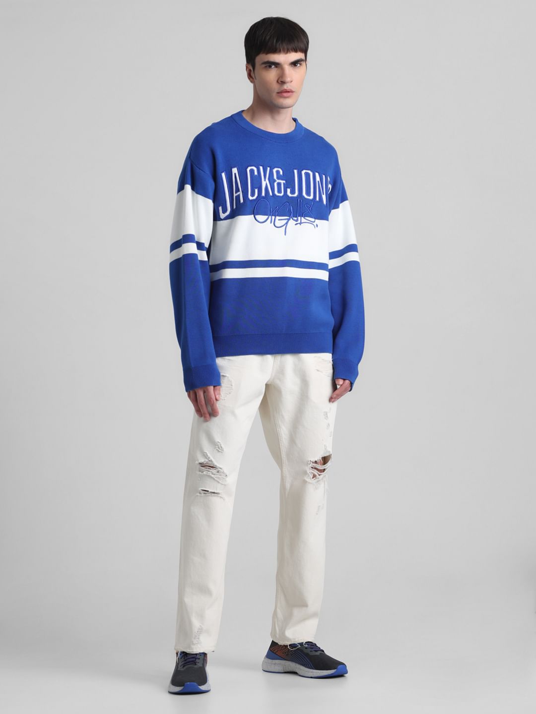 Blue Colourblocked Oversized Pullover