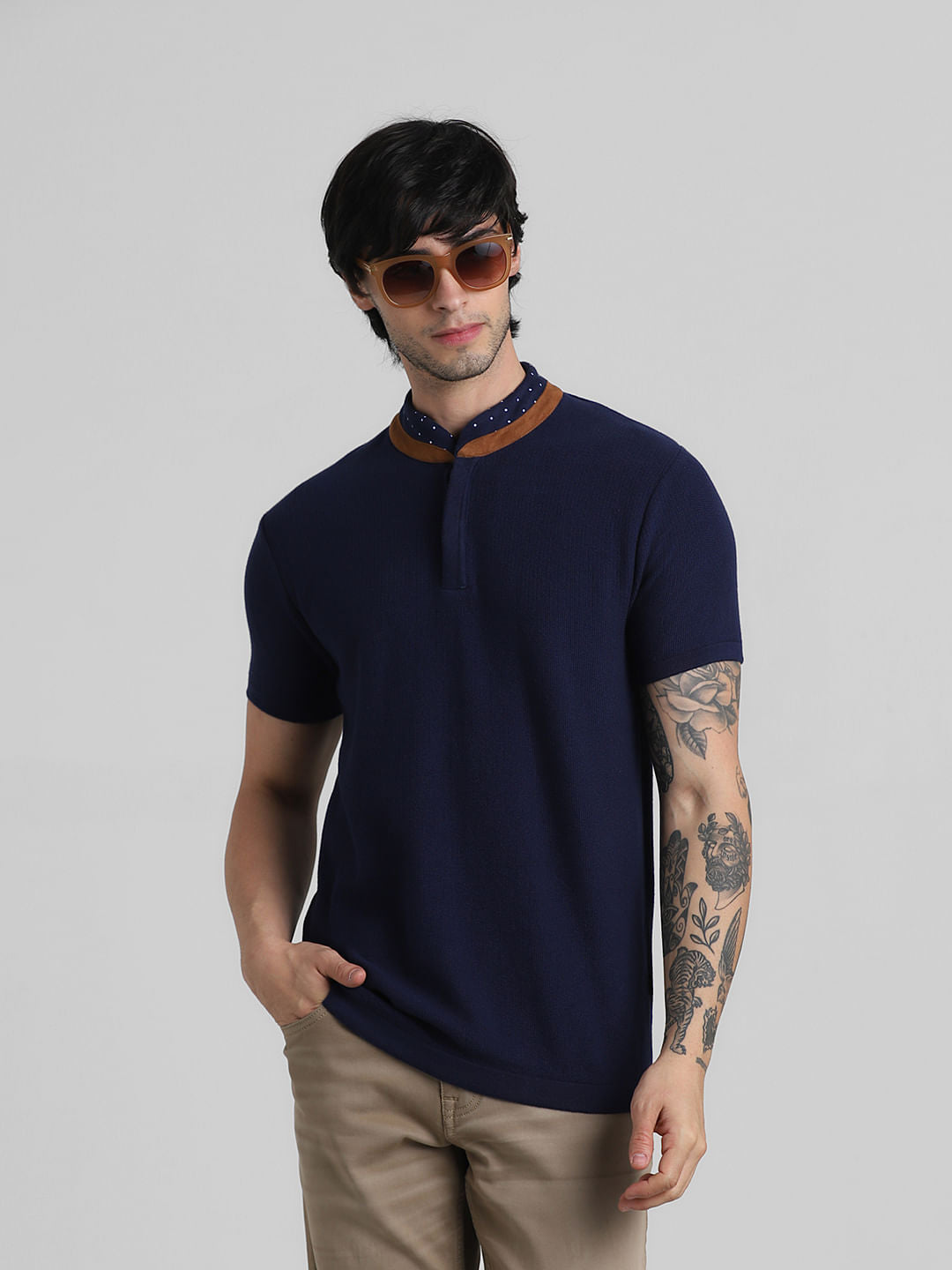 Blue Indigo Dyed Polo Knit T-shirt