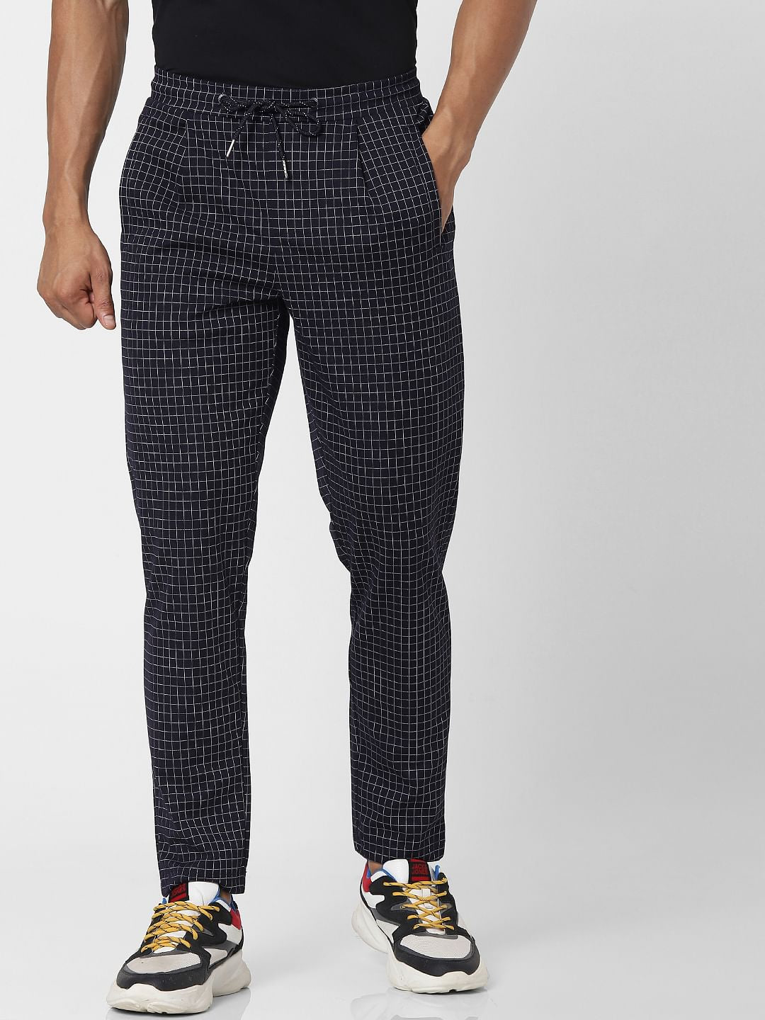 Blue Mid Rise Check Grid Pants