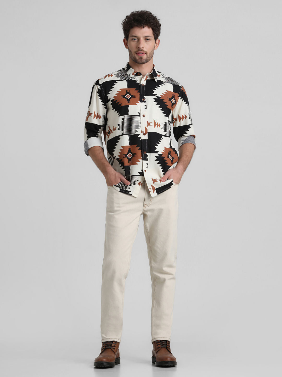 White Abstract Print Full Sleeves Shirt